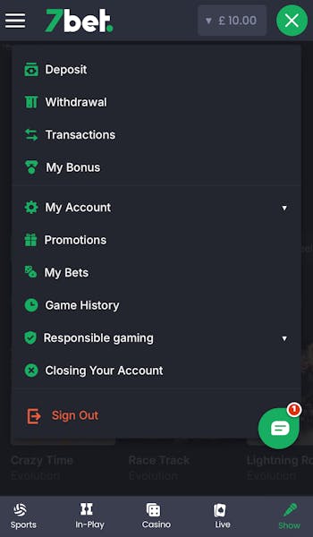 7Bet Withdrawal - Menu
