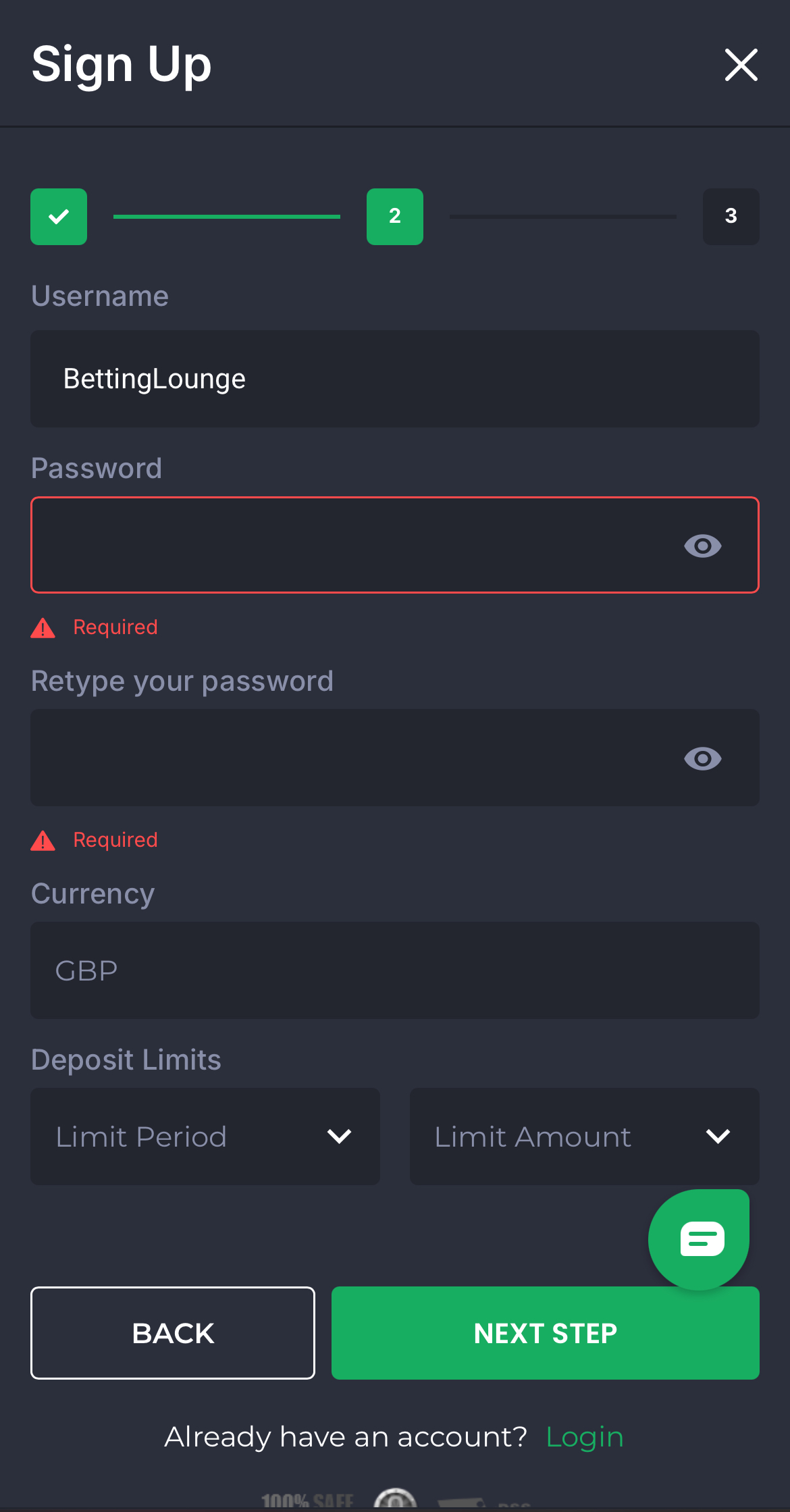 7Bet - Sign Up - User and Password
