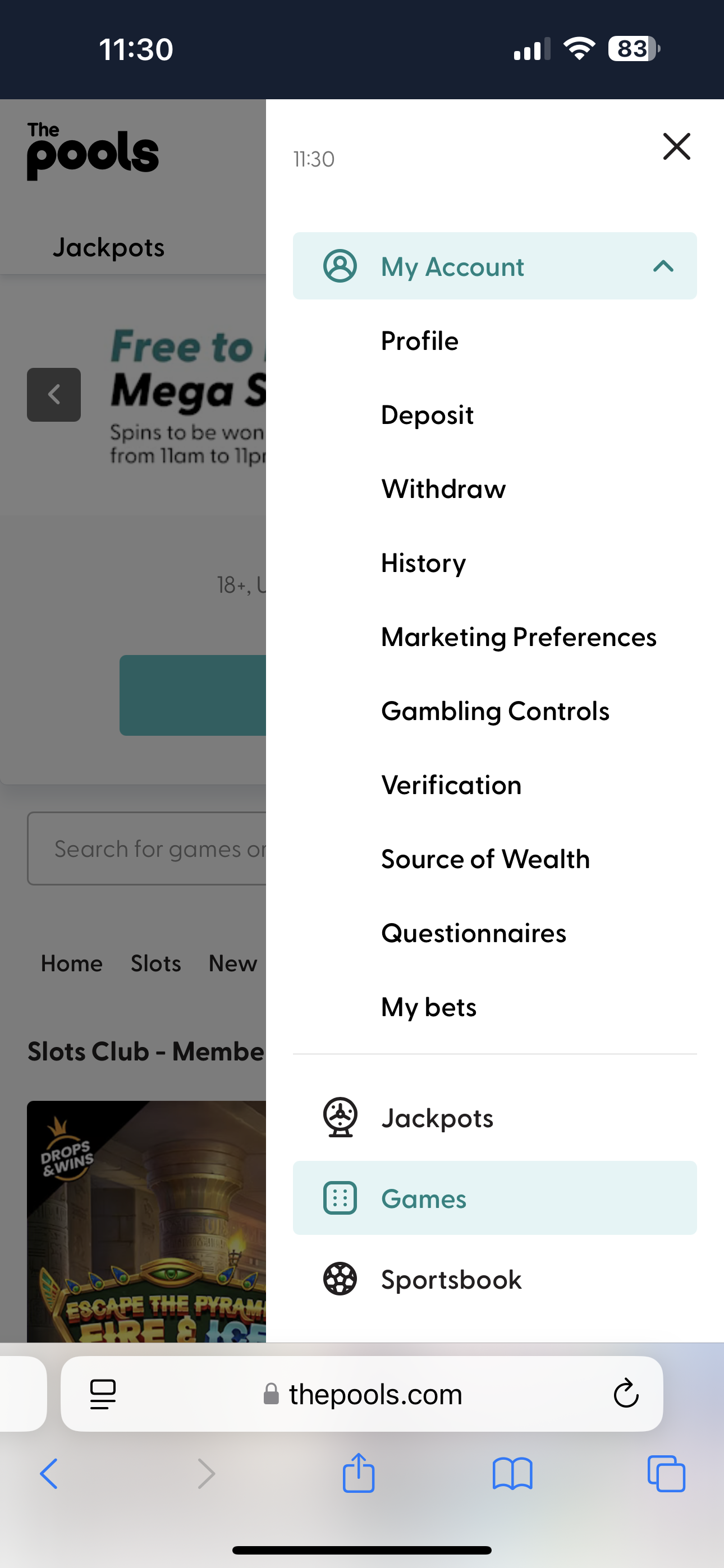 The Pools Profile Menu