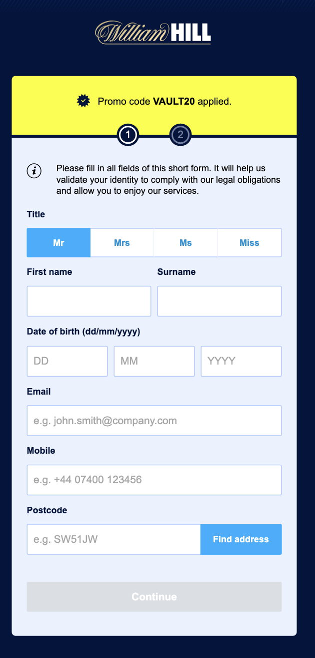 Registration page on William Hill UK