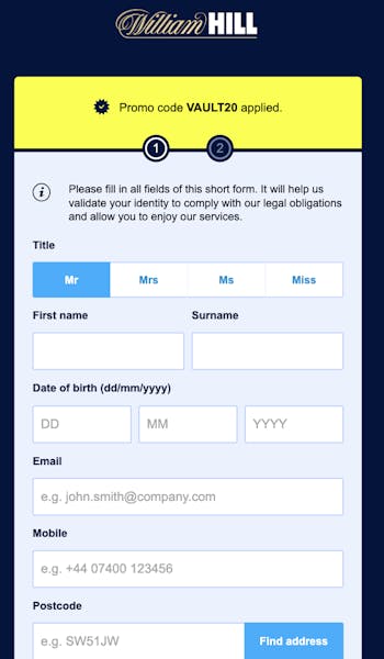 Registration page on William Hill UK
