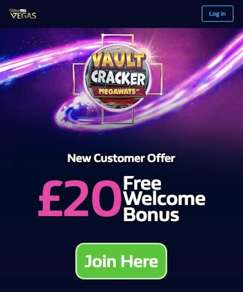 Landing page for the £20 free welcome bonus on William Hill Vegas