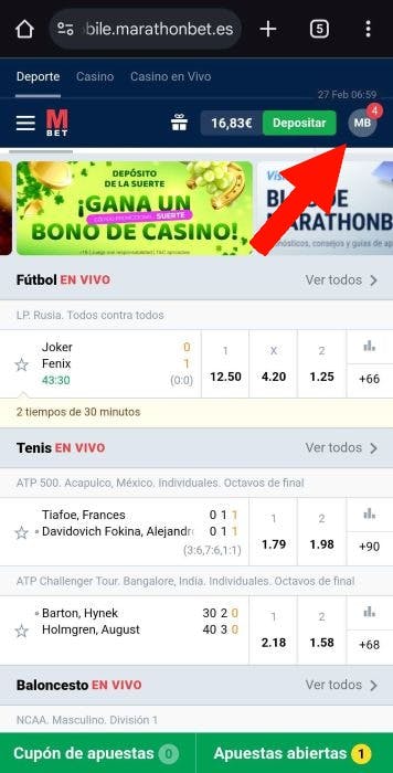 Hacer retiradas en Marathonbet paso 1