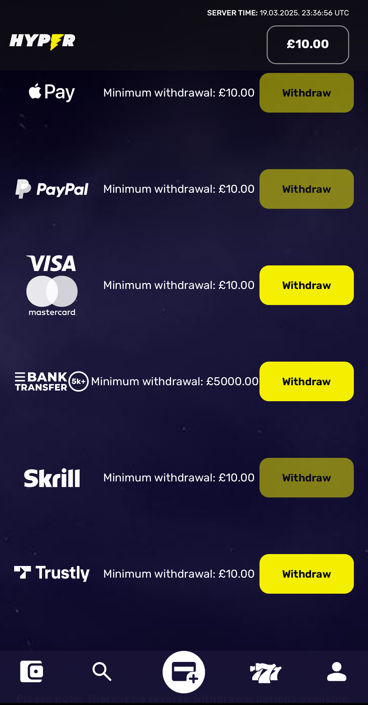 Hyper Sport Withdrawal options