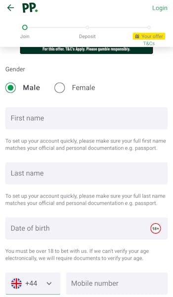 Paddy Power App - Personal Details