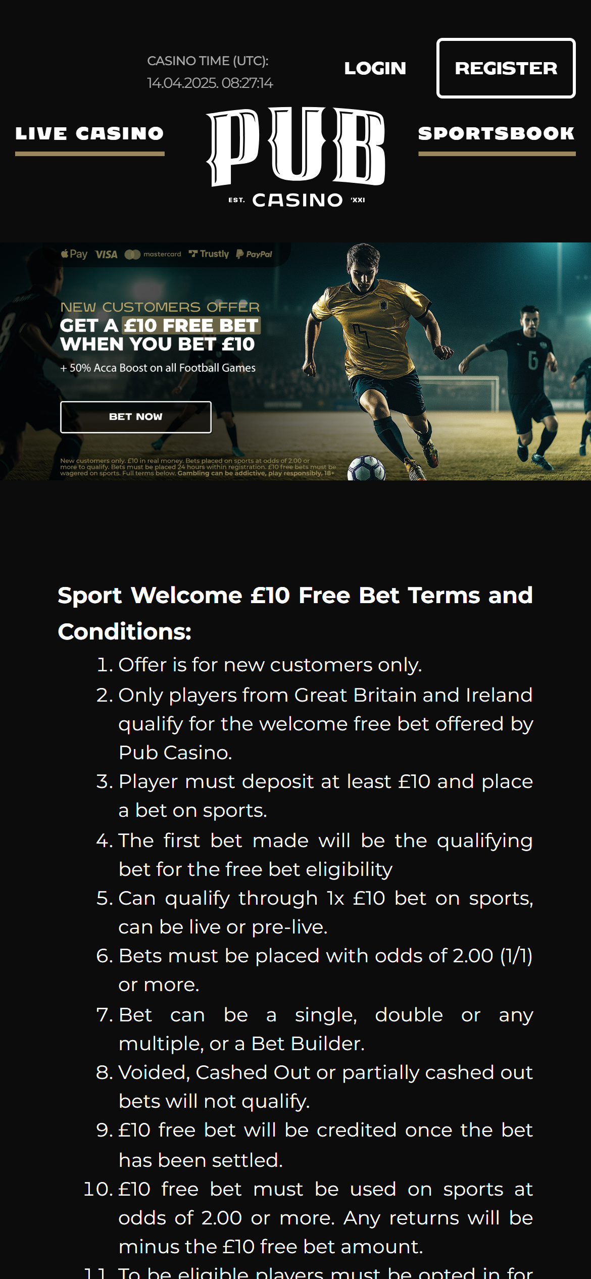 Pub Casino landing page