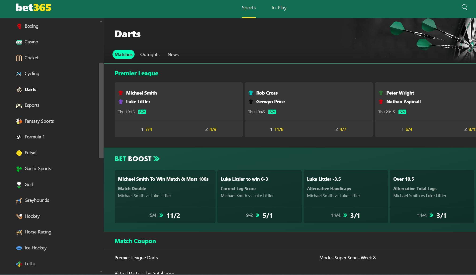 bet365 darts betting UK