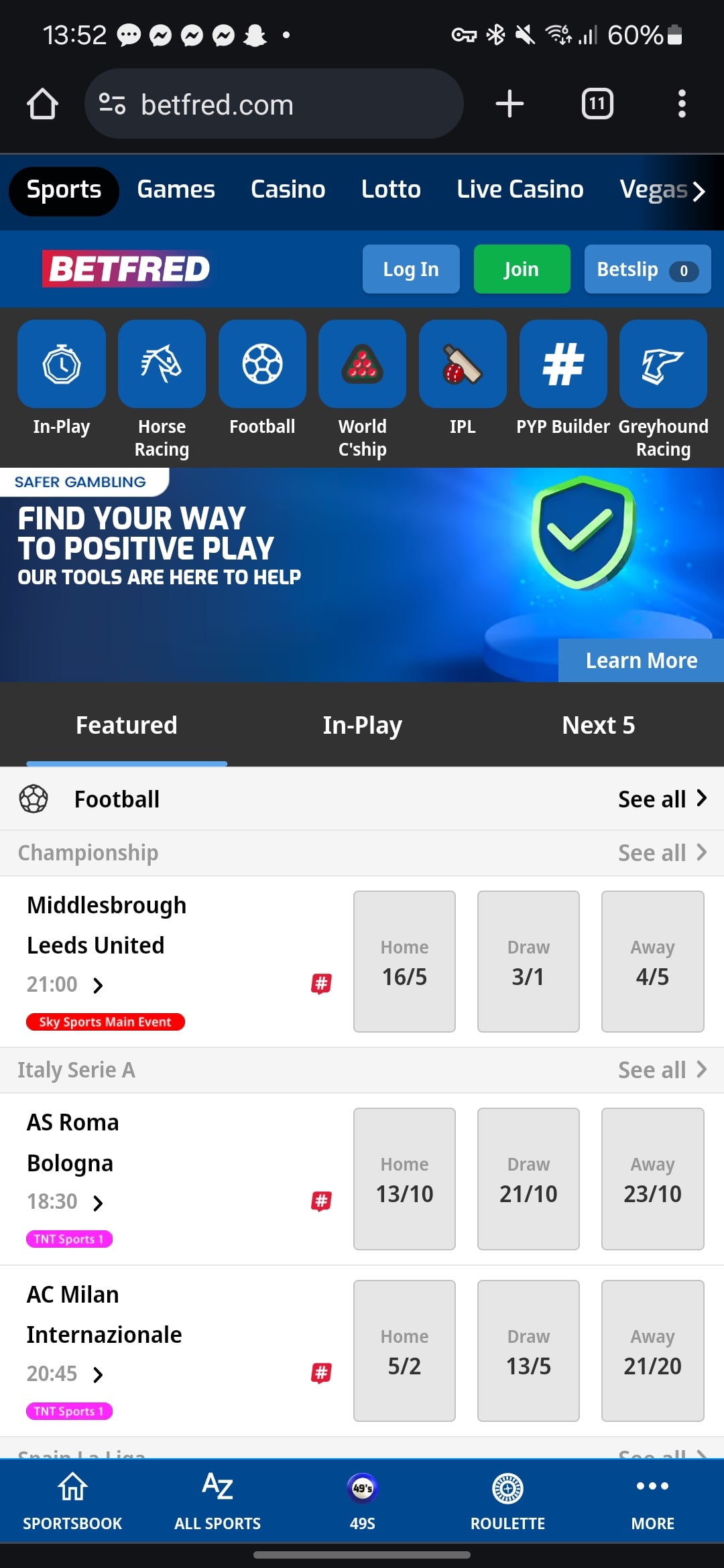 Betfred Sportsbook page