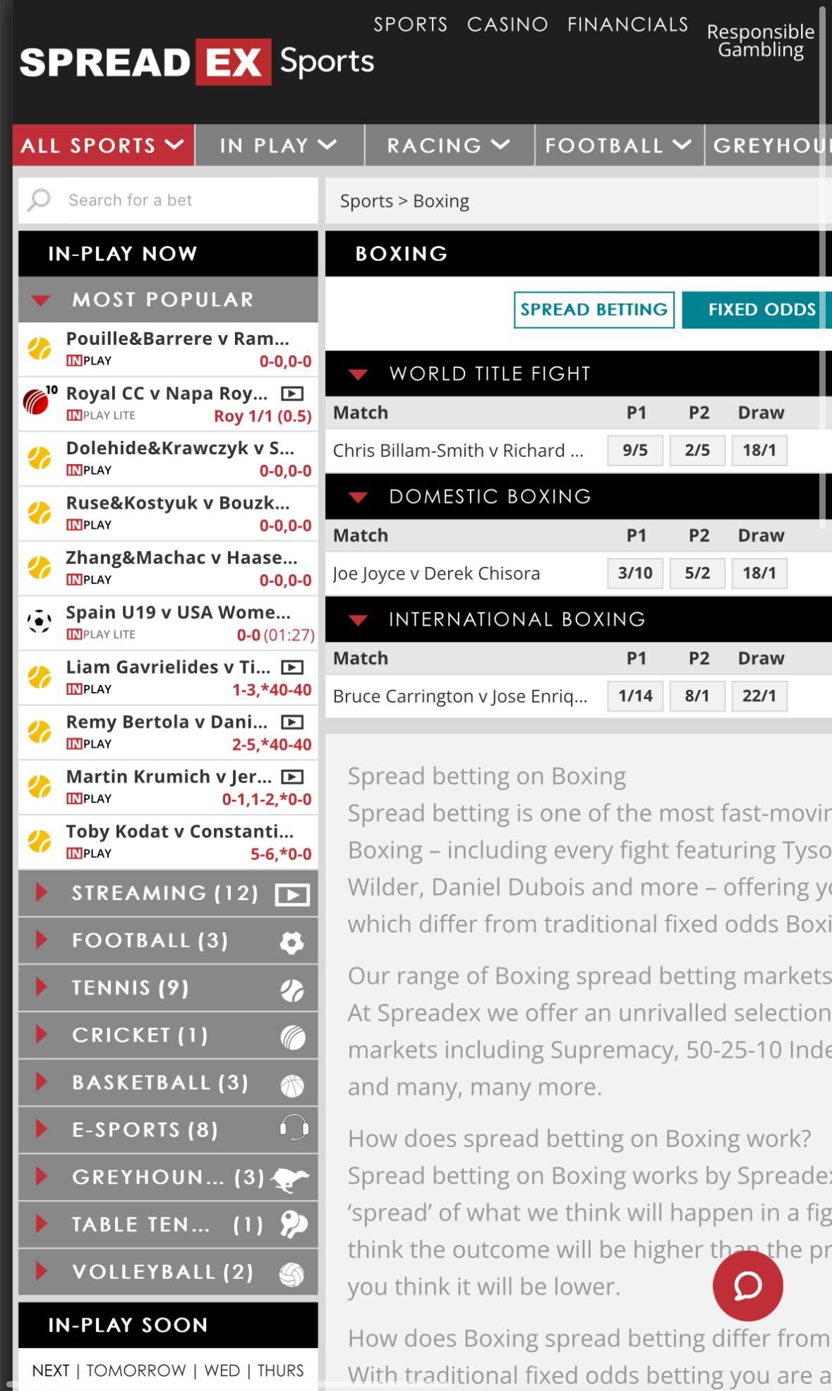 Spreadex boxing betting UK