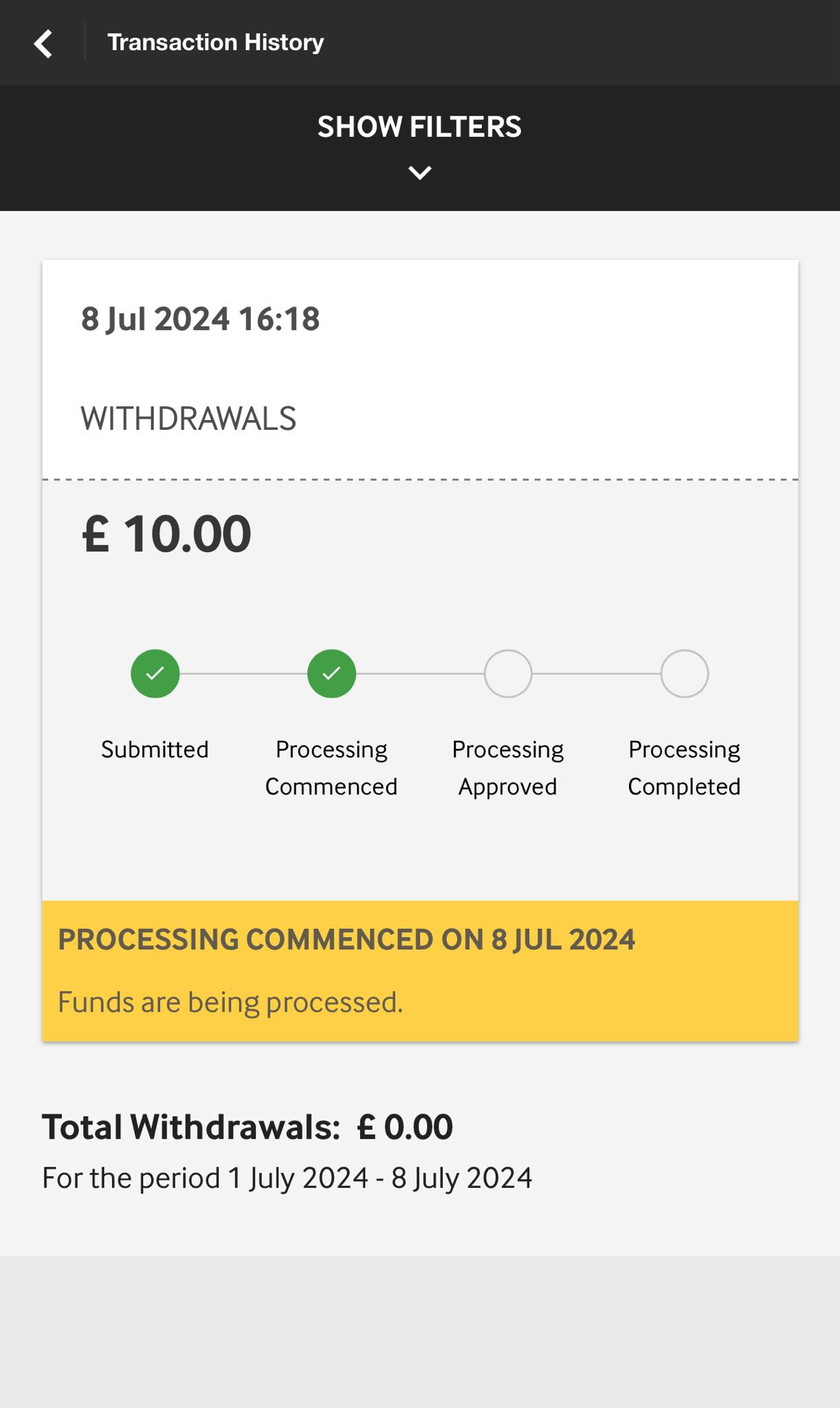 Betway withdrawal pending/processed