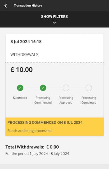 Betway withdrawal pending/processed