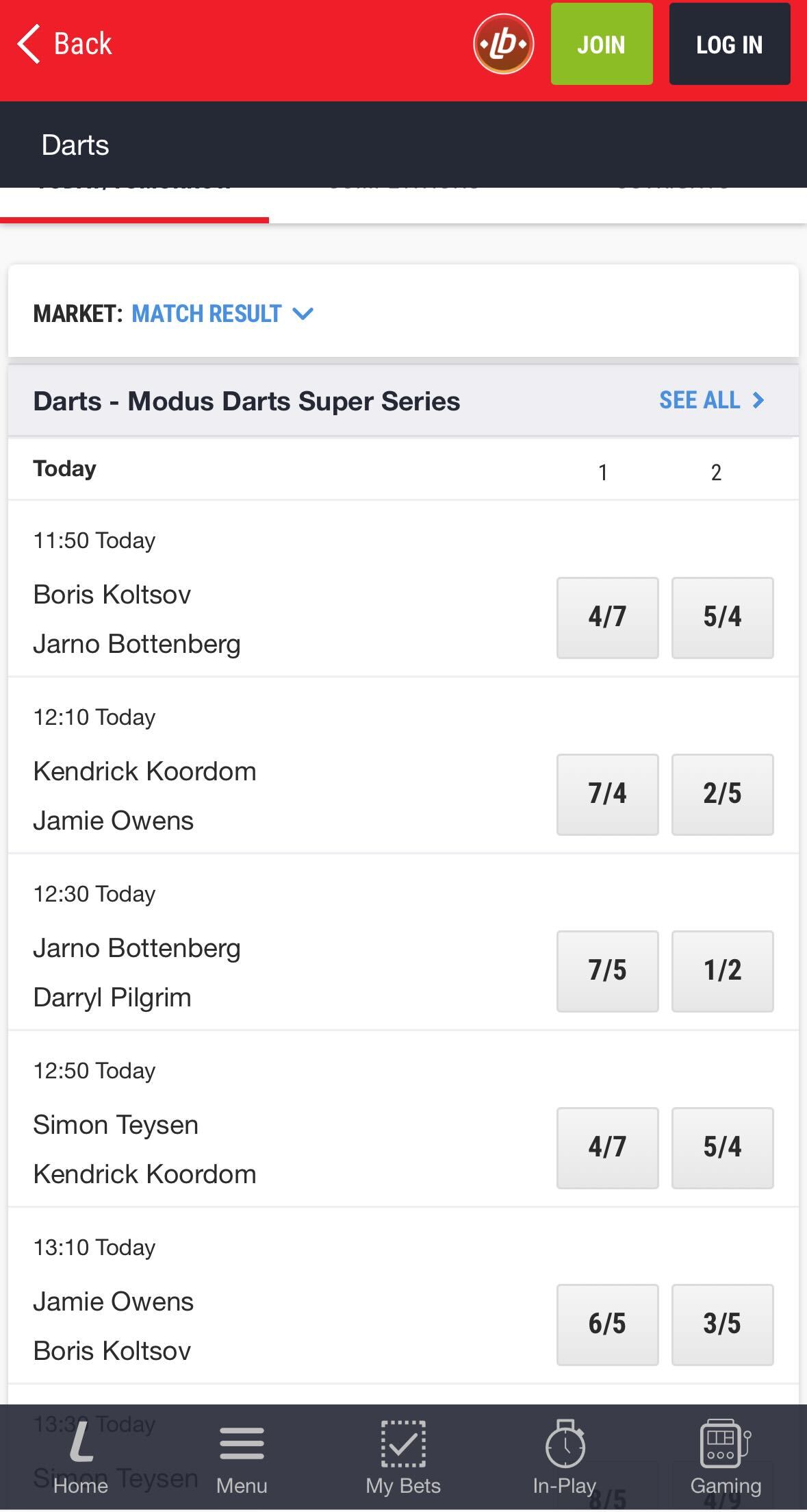 Ladbrokes mobile darts betting UK