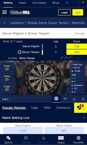 William Hill mobile darts betting UK