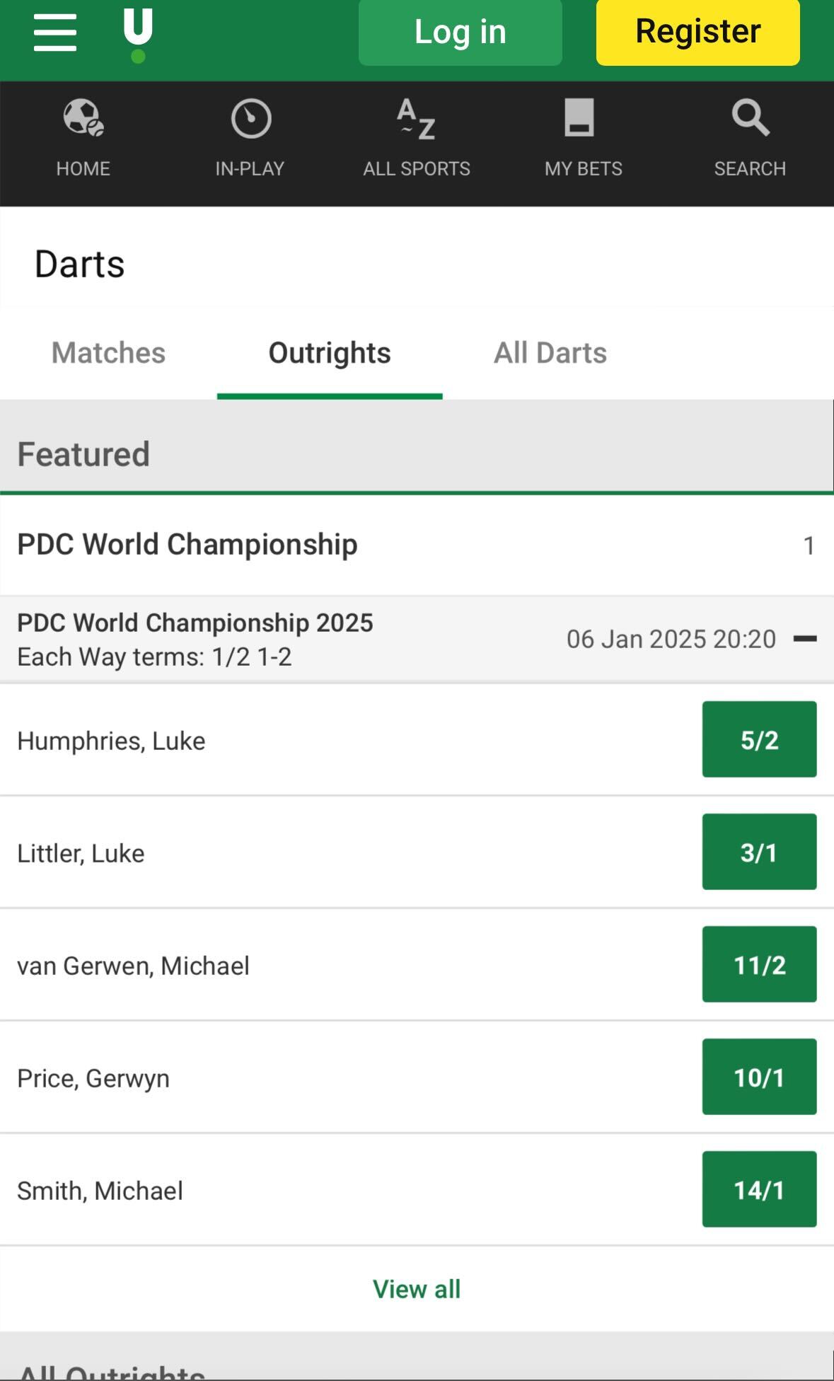 Unibet mobile darts betting UK