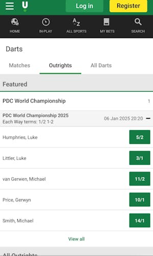 Unibet mobile darts betting UK