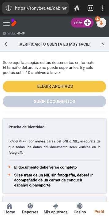 Tonybet España verificacion 2