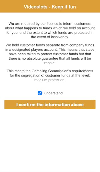 Videoslots registration Step 5 - Customer Funds