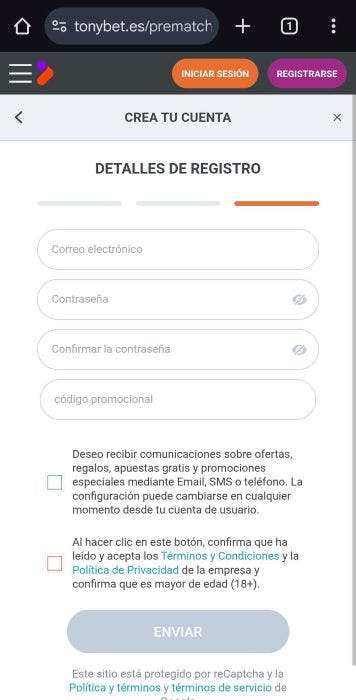 Tonybet España registrarse 4