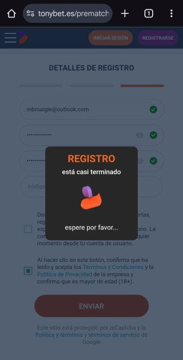 Tonybet España registrarse 5