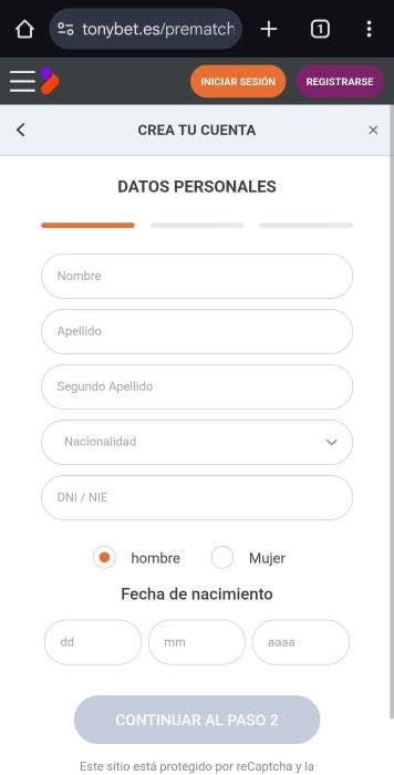 Tonybet España registrarse 2