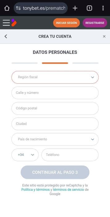 Tonybet España registrarse 3