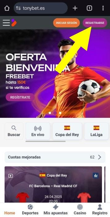 Tonybet España registrarse 1