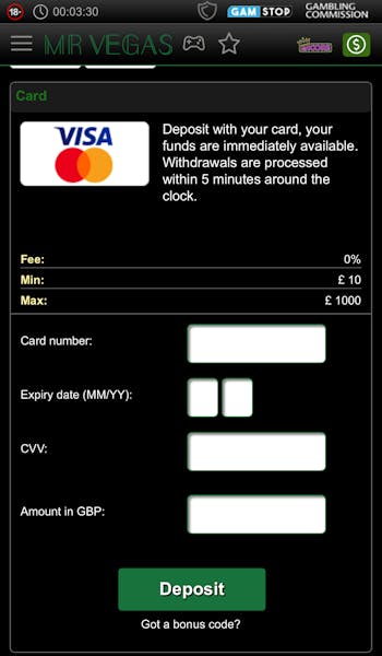 Mr Vegas Deposit Details