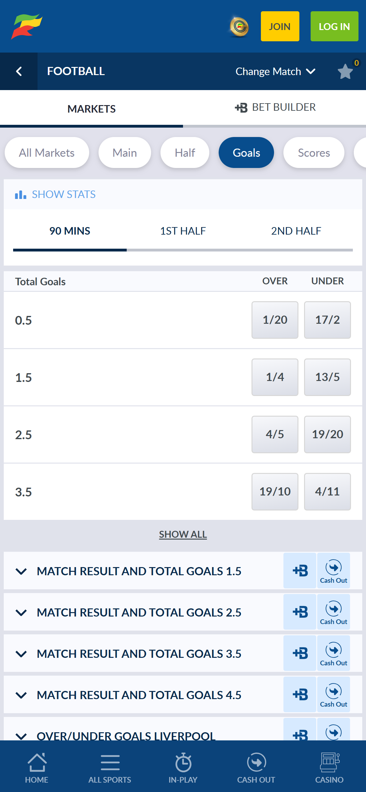 Coral over/under goals