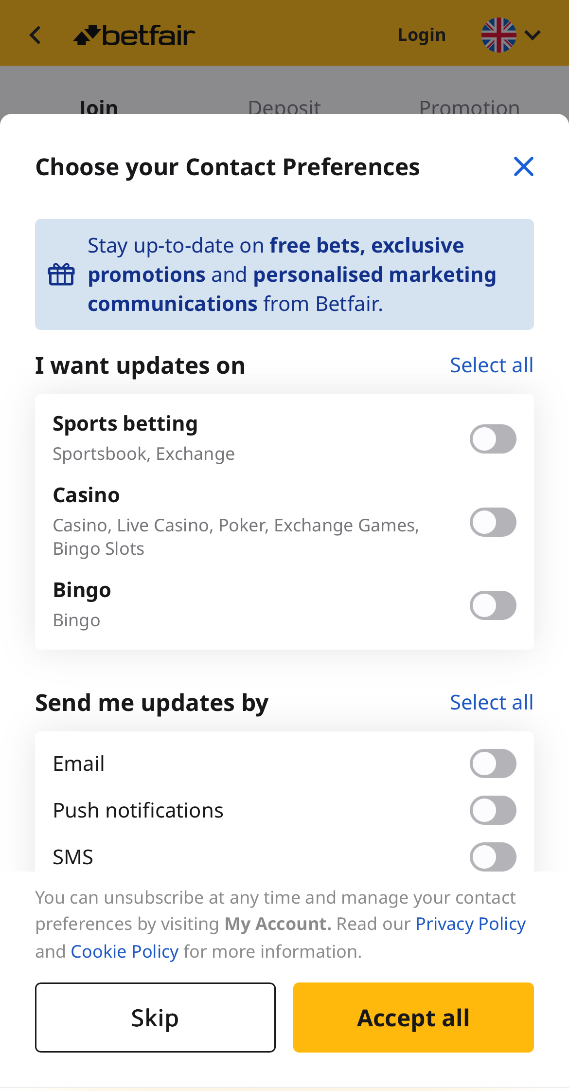 Contact Preferences Betfair Sportsbook