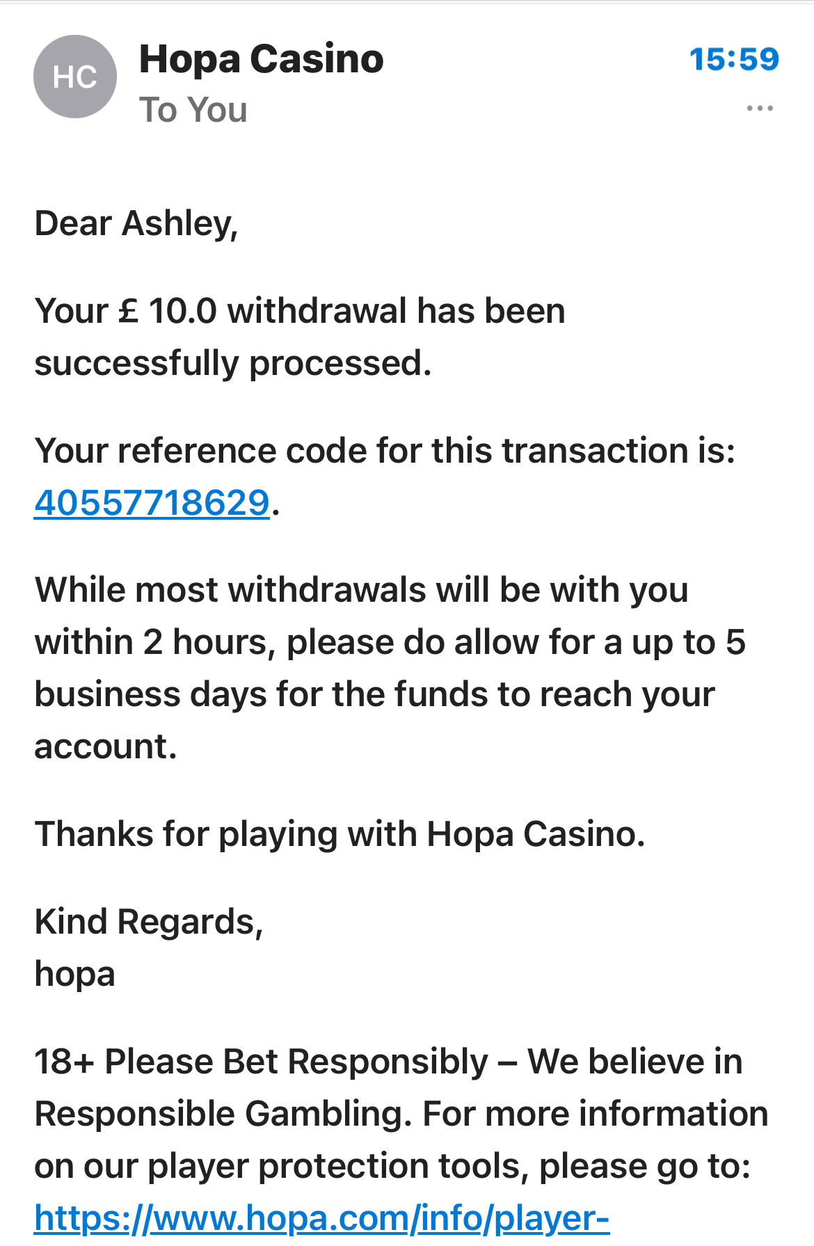 Hopa Withdrawal Email