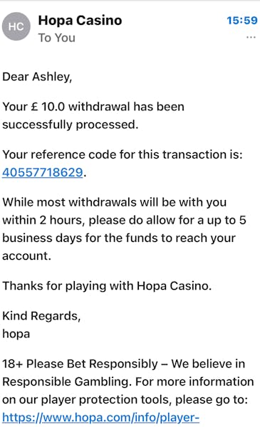 Hopa Withdrawal Email
