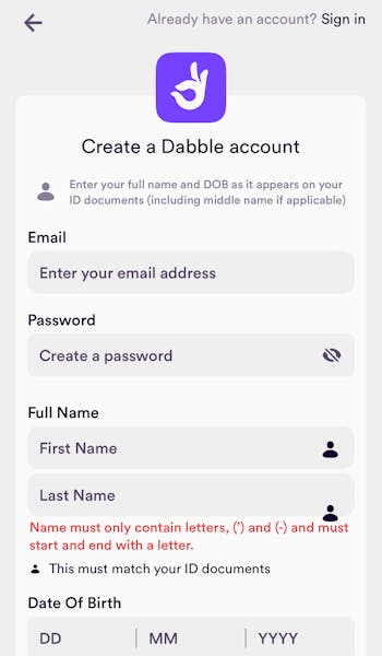 Dabble Personal Details