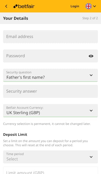 Betfair App Personal Details