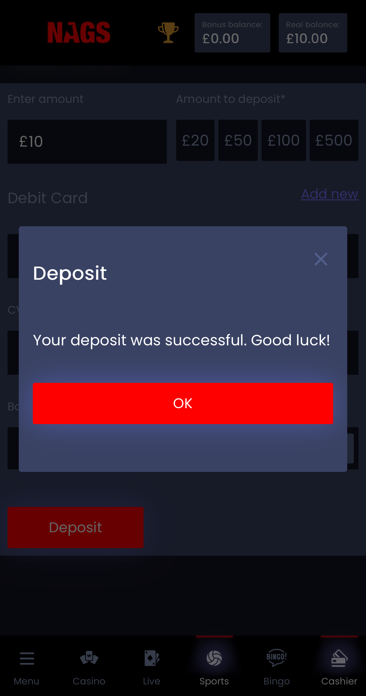 Nags Bet deposit success