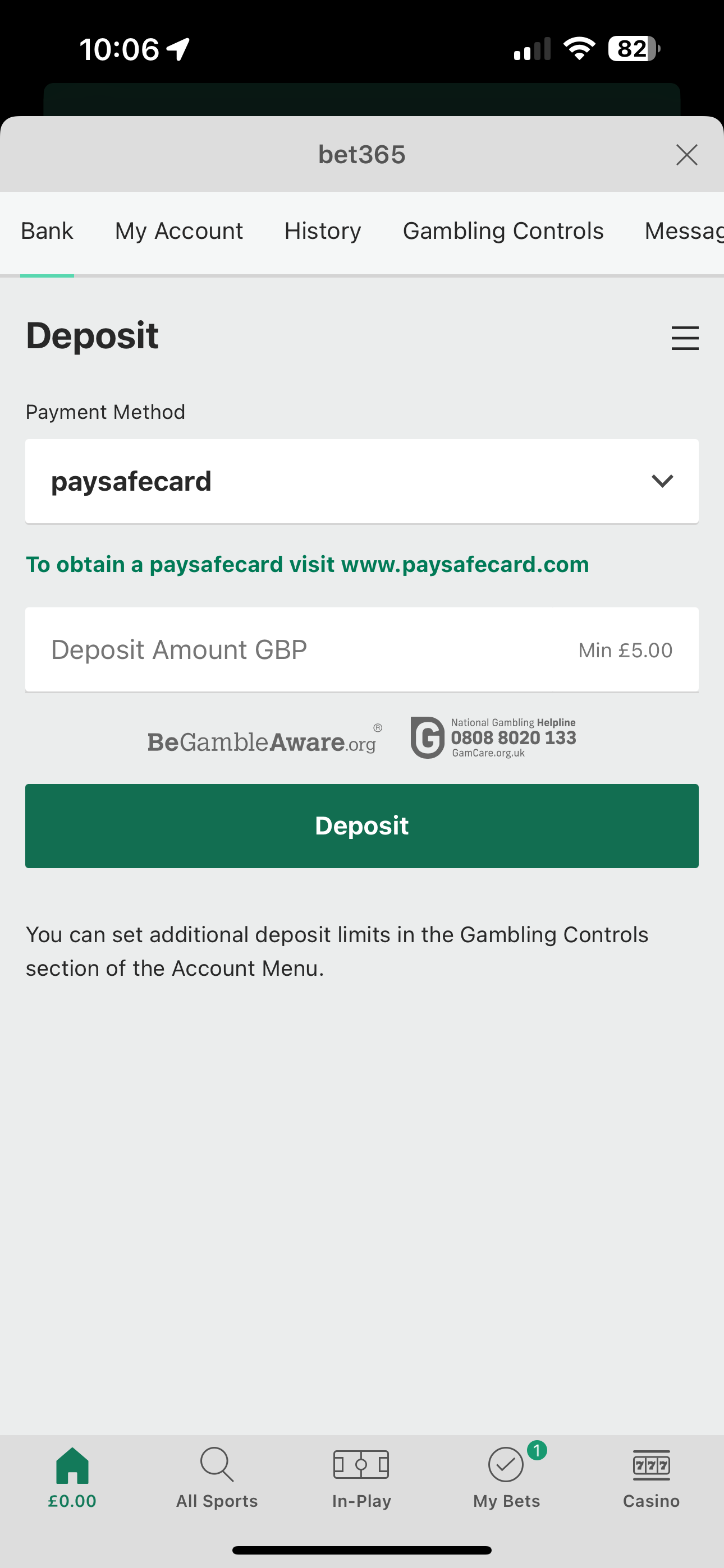 PaySafeCard Bet365 Deposit 1