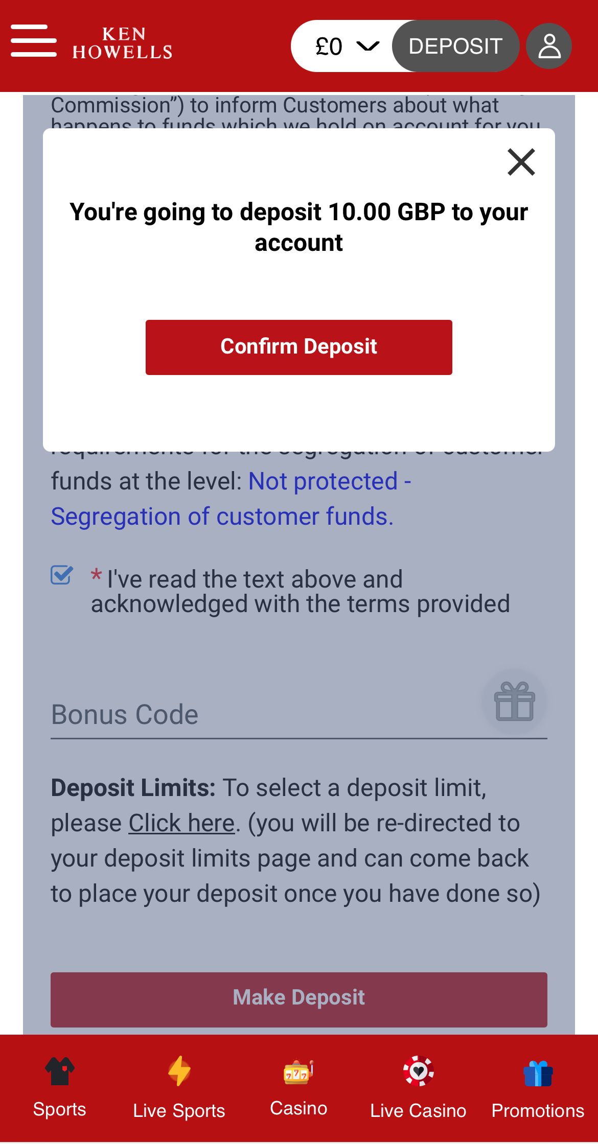 Ken Howells Deposit Confirmation