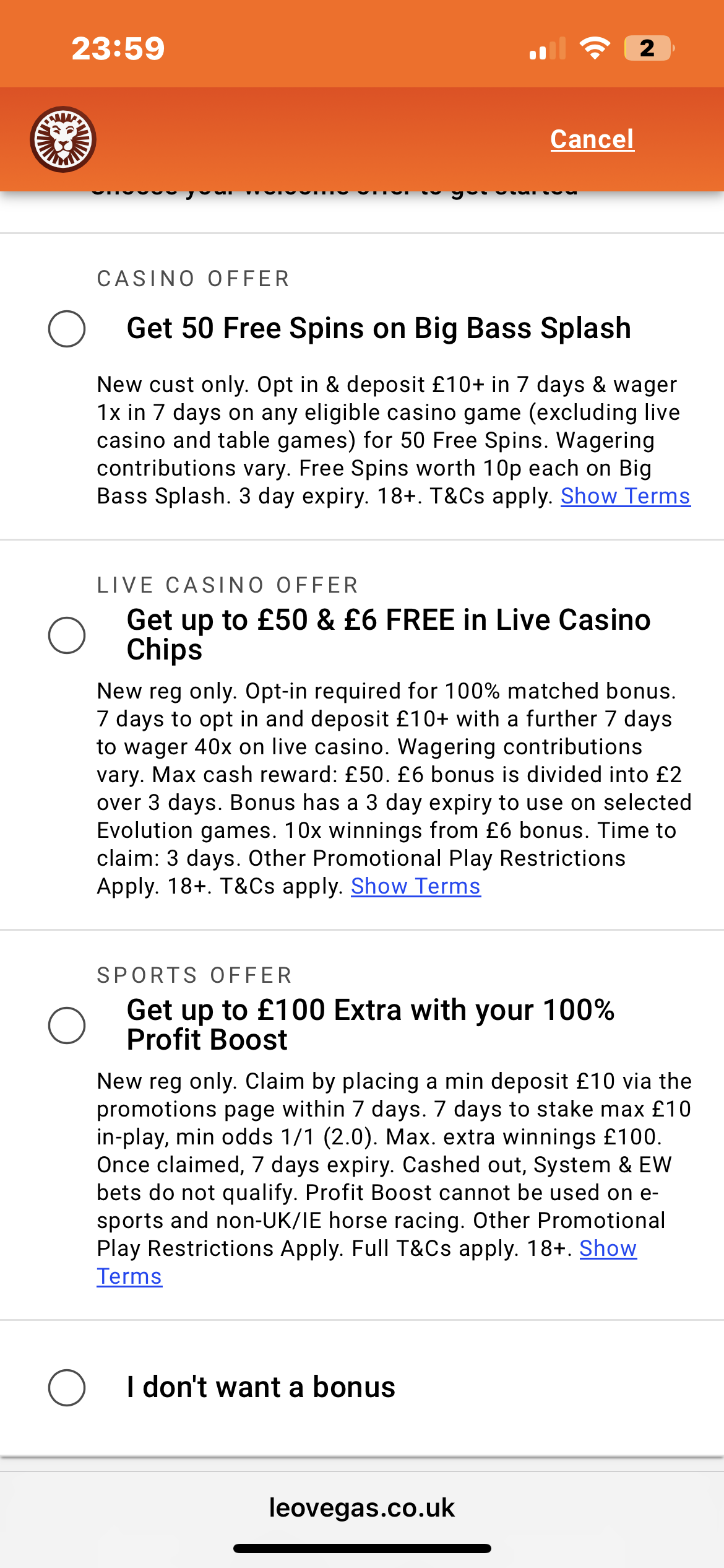 LeoVegas Offer Choice 1