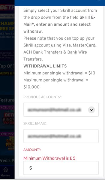 Skrill Betfred Withdraw blurred