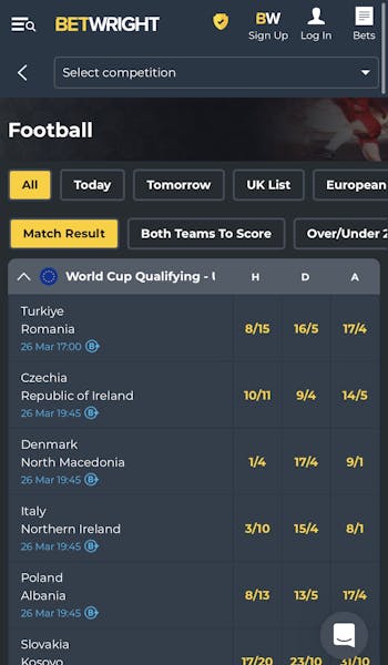 Betwright sport menu