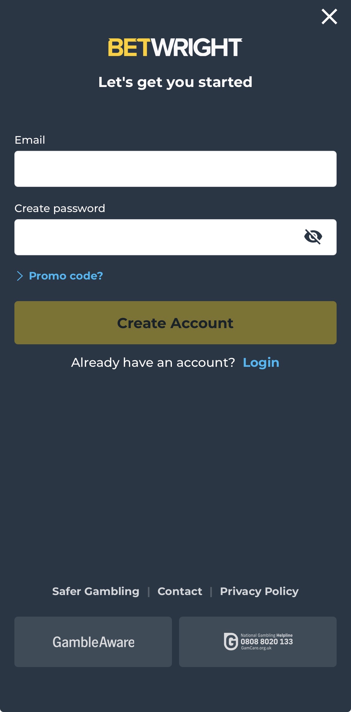 Betwright sign up screen