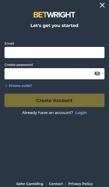 Betwright sign up screen