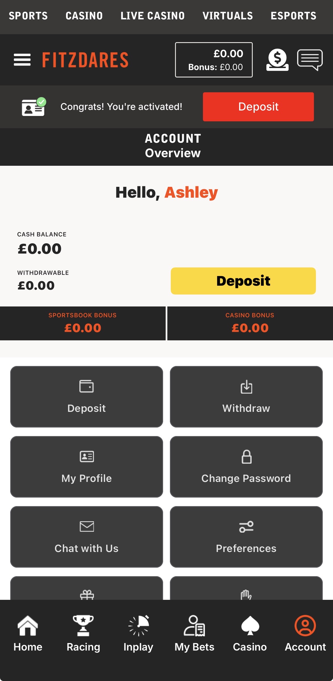 Fitzdares app deposit 1