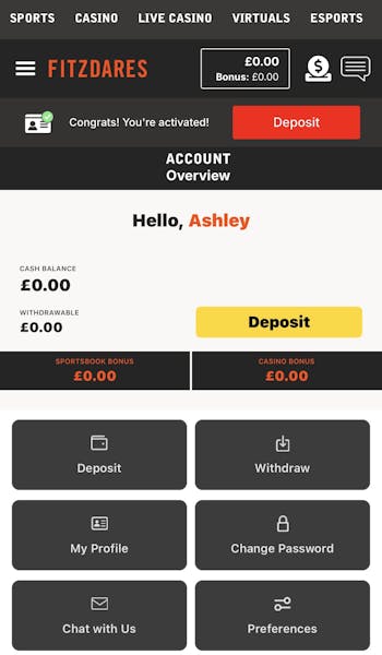 Fitzdares app deposit 1
