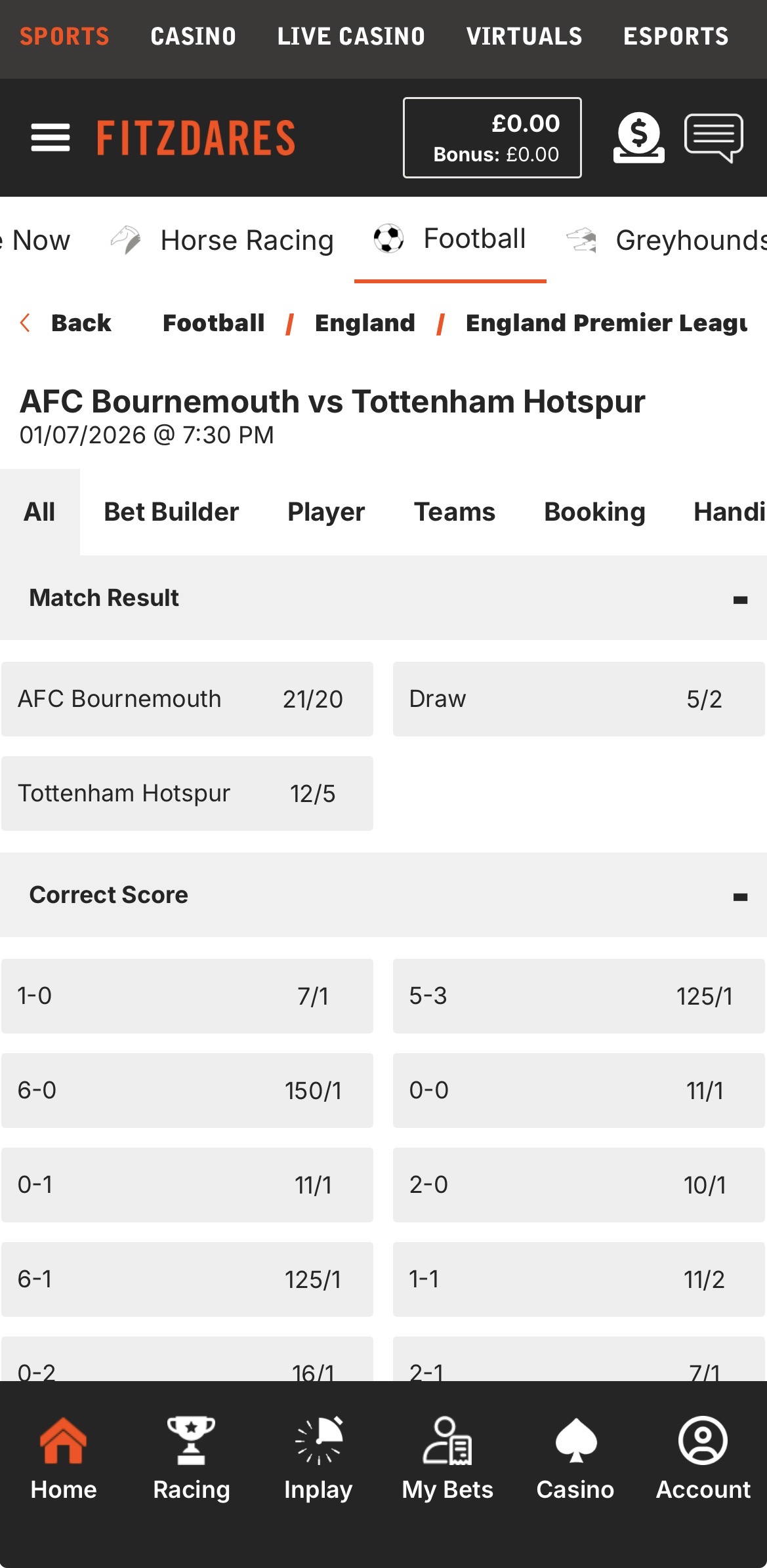 Fitzdares app sports view