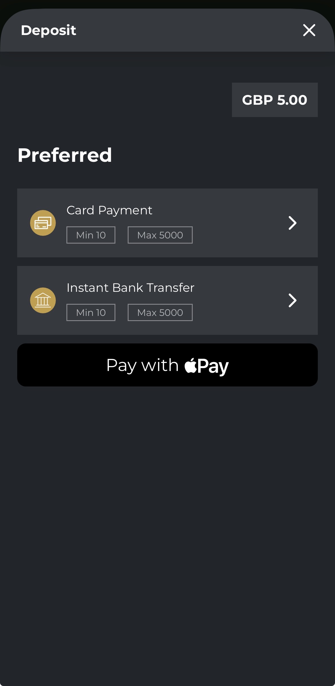 Swifty Sports - Deposit Payment Method