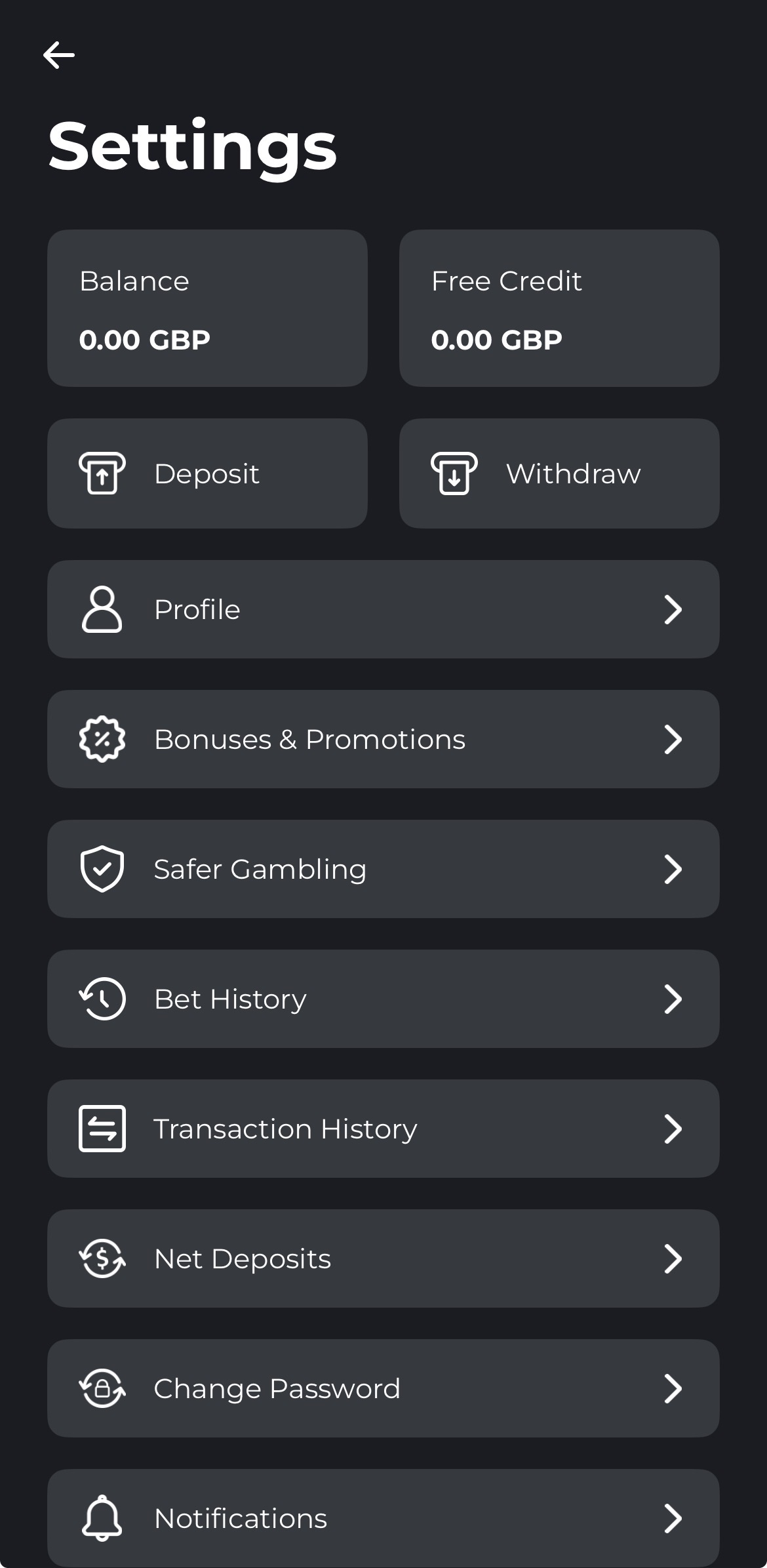 Swifty Sports - Deposit Menu
