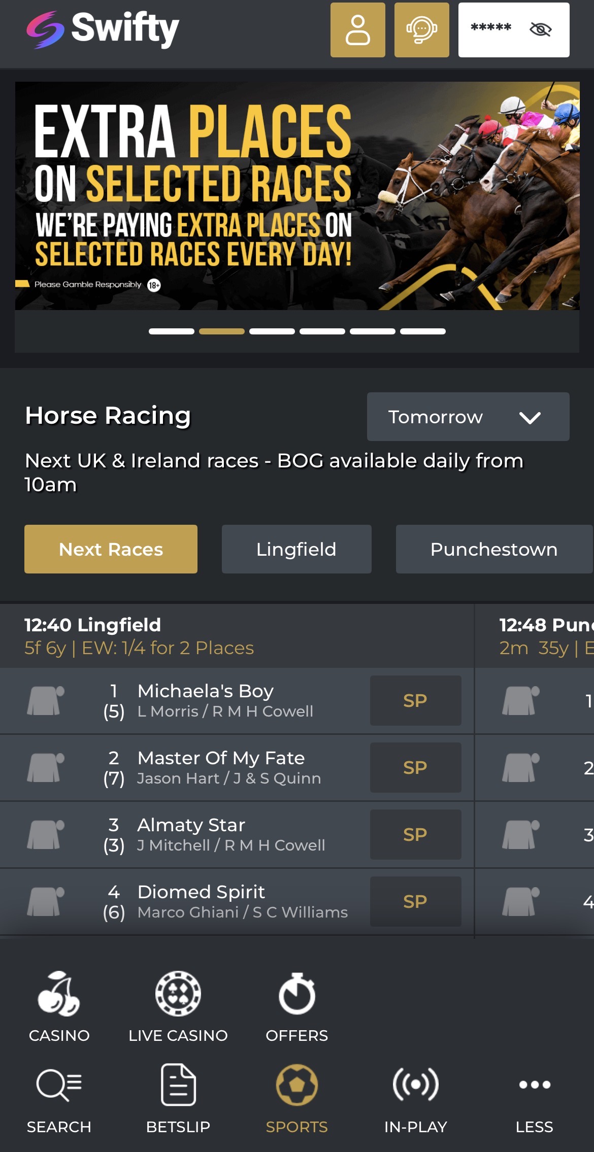 Swifty App - Casino Menu