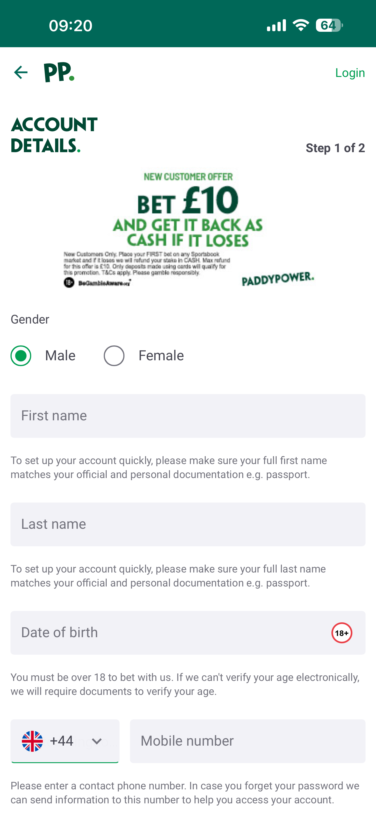 Paddy Power Sign Up 1