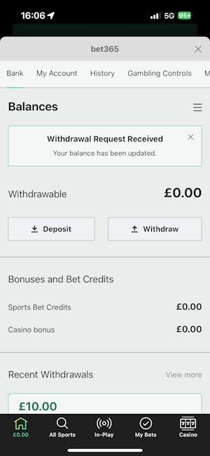 Bet365 Visa withdrawal success
