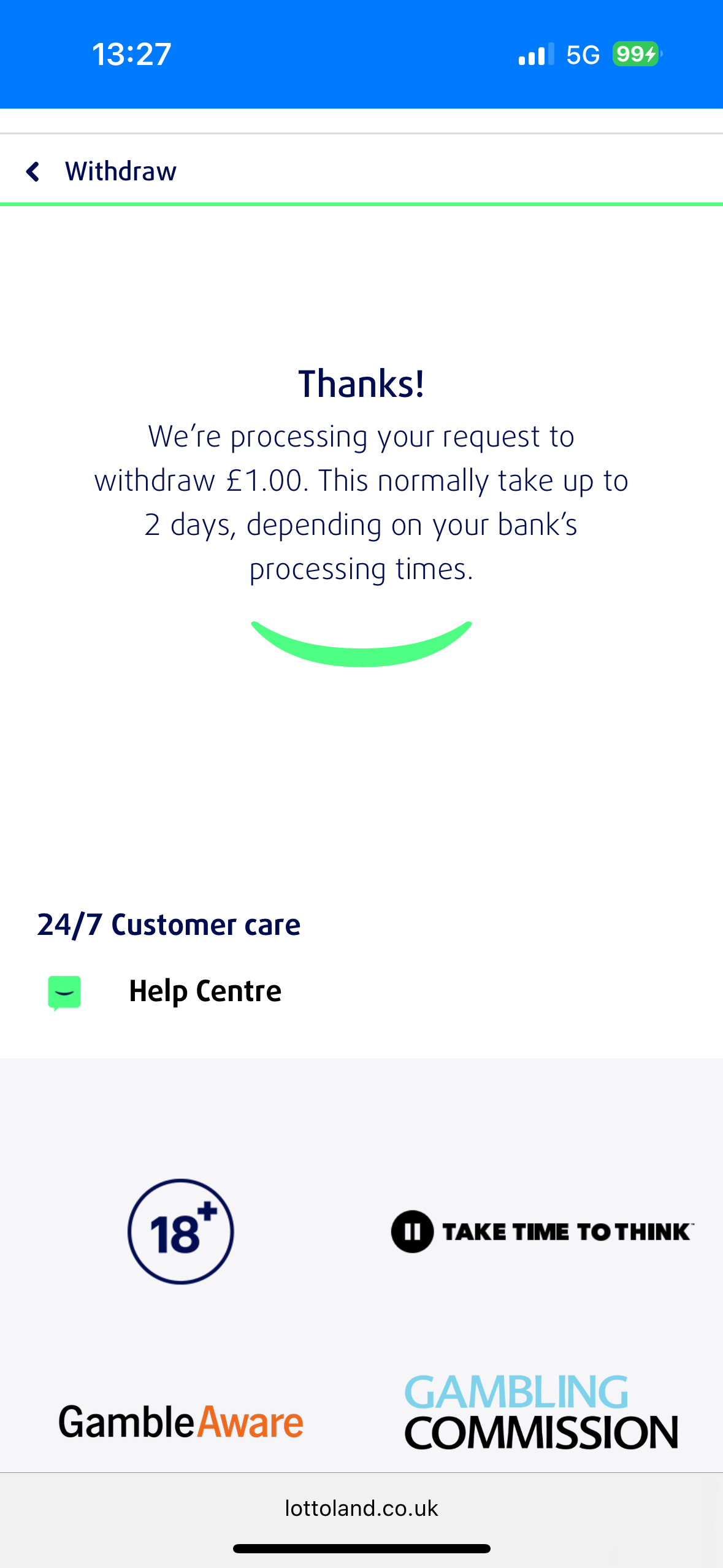 Lottoland £1 withdrawal confirmation